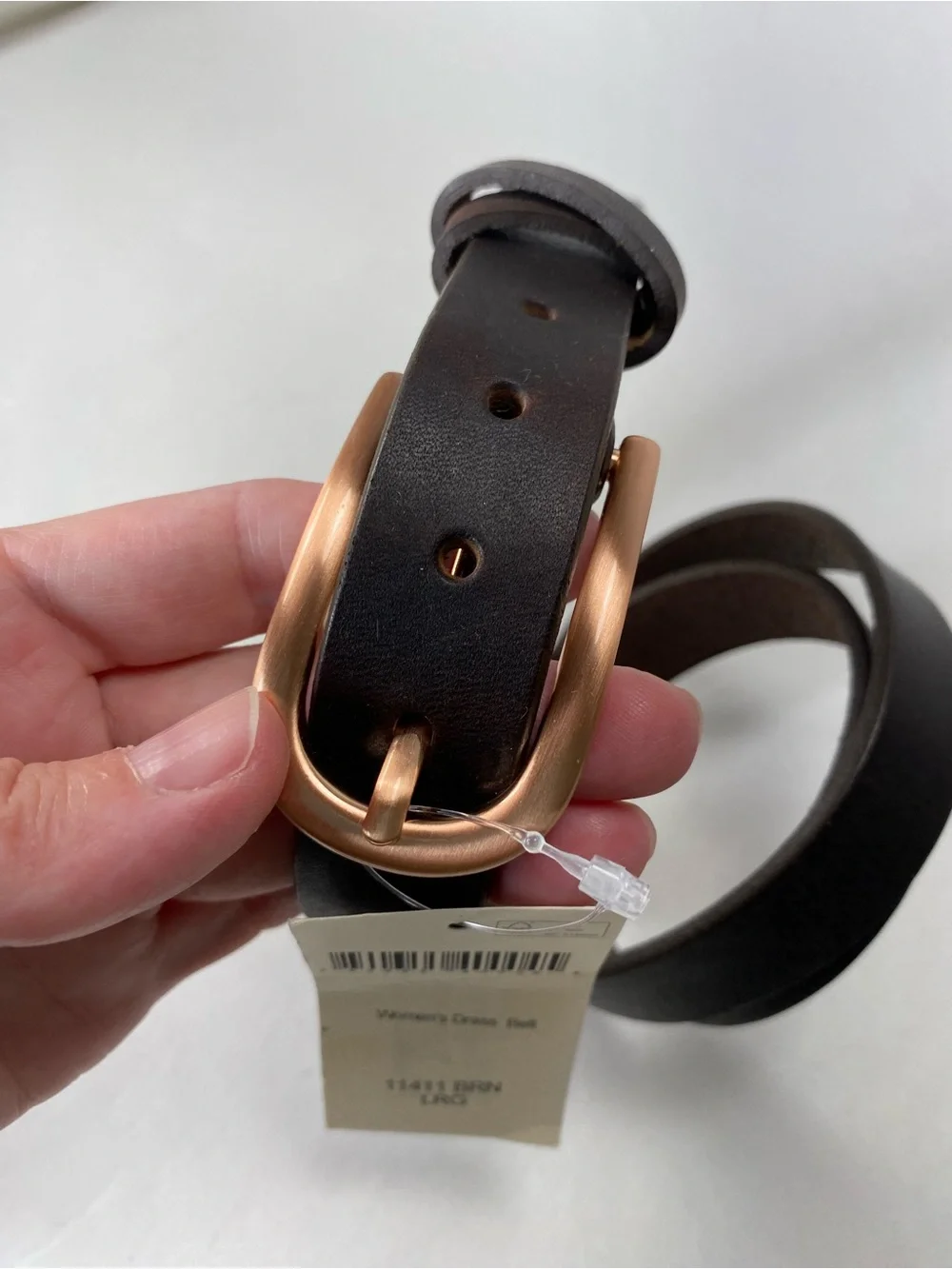Duluth Trading Co Dark Brown Leather Belt with Rose Gold Buckle L NWT